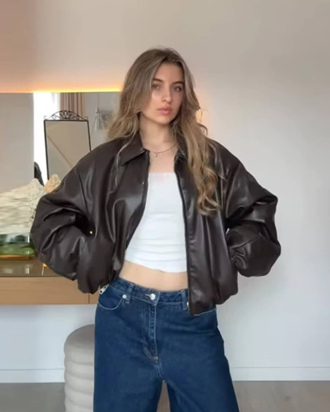 Genny Women's Leather Bomber Jacket - Stylish Autumn Aviator Jacket with Lapels and Long Sleeves 0