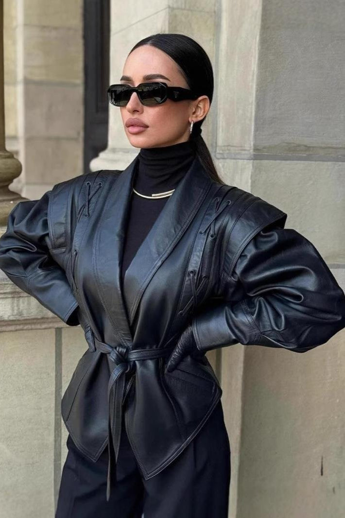 Vintage Faux Leather Jacket for Women - Regular Fit with Belt & Long Sleeves 2