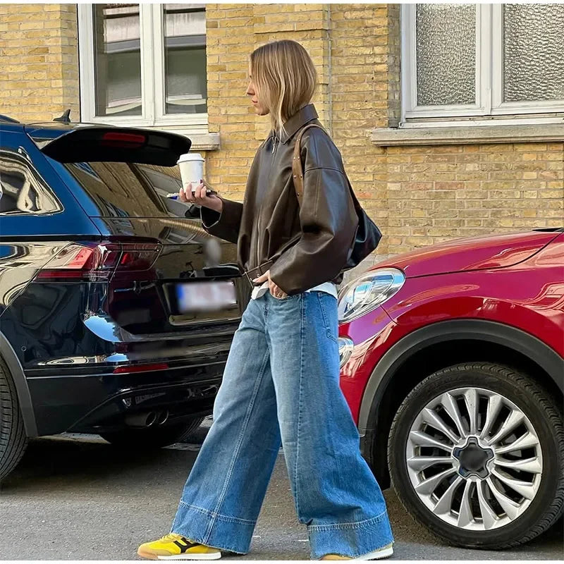 Vintage PU Leather Bomber Jacket for Women - Long Sleeve Zipper Coat with Pockets - Stylish Women's Jacket for Autumn Streetwear 2