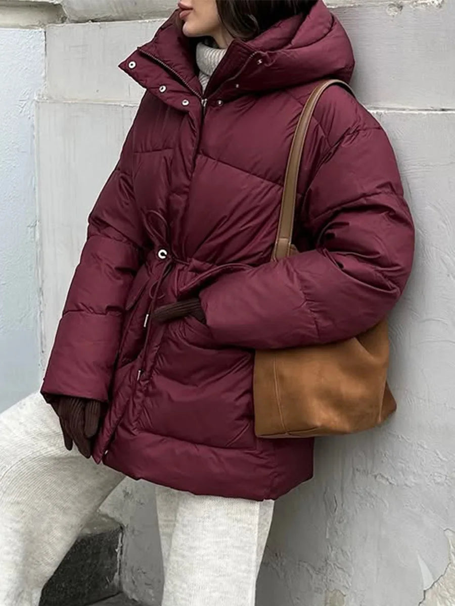 Winter Coats Women - Wine Red Hooded Puffer Coat with Drawstring Waist 1