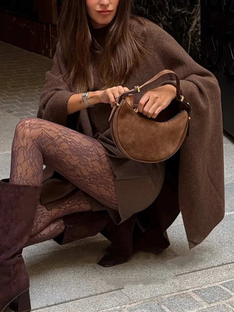 Women's Oversized Brown Cape-Style Knit Sweater - Chic O-Neck Pullover 2