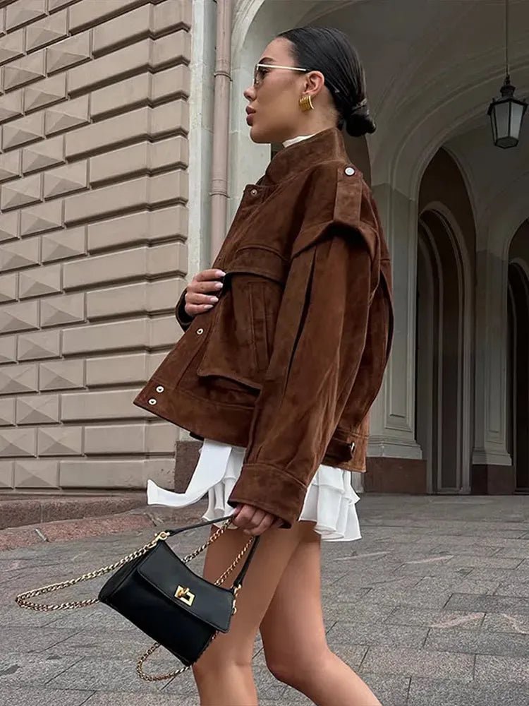 SOERA Mila Wide Shoulder Faux Suede Jacket - Jacket - SOERA-278211-M-BROWN-04515 Brown M