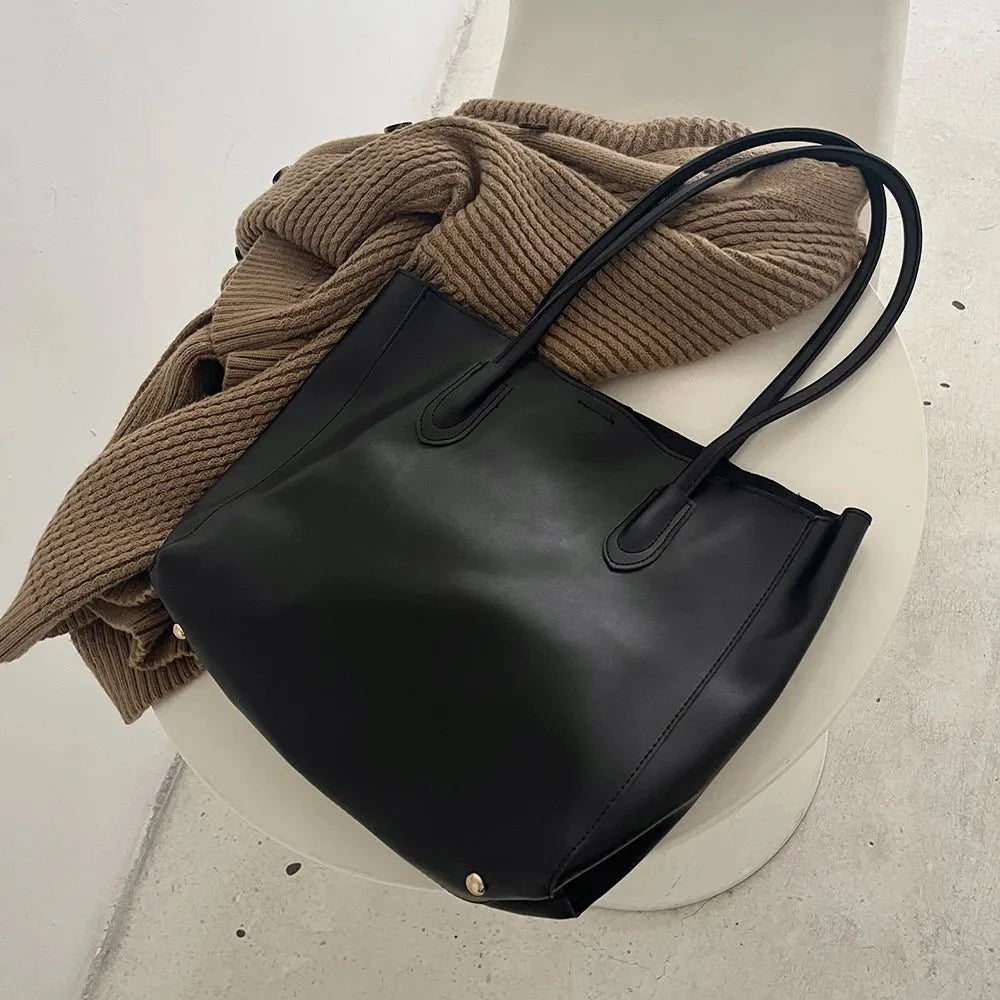 SEAME - Camille Leather Tote Bag - High - Capacity Fashion Handbag for Women Black