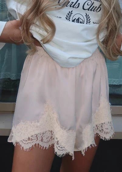 SOERA Dominique Satin Silk Lace Shorts - Bottoms - 1005009725980107-;VN1768905117488293263 Pink white lace S