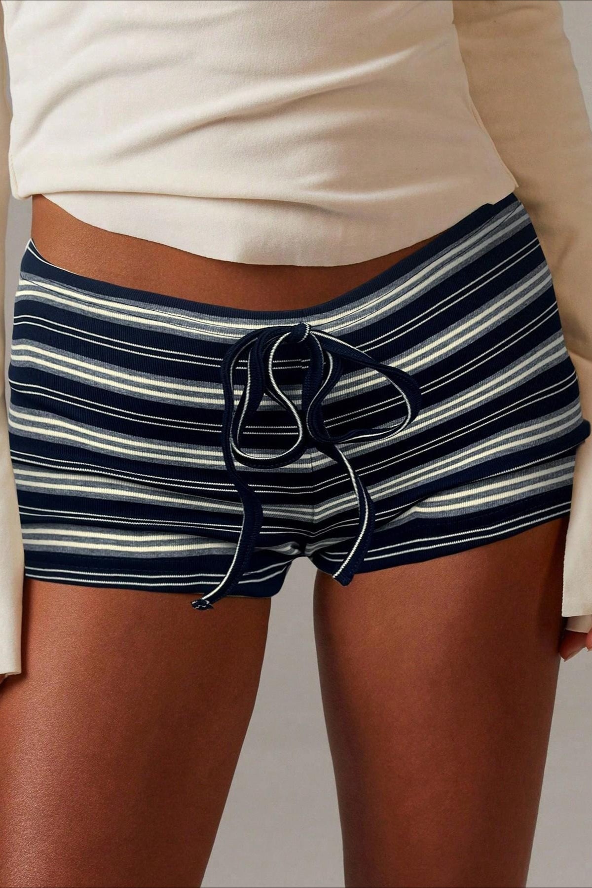 SOERA Malina Stripe Drawstring Low Waist Shorts - Bottoms - Blue S