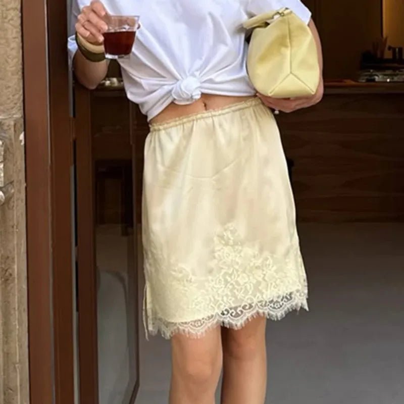 SOERA Saskia Lace Patchwork Satin Mini Skirt - Bottoms - Yellow L