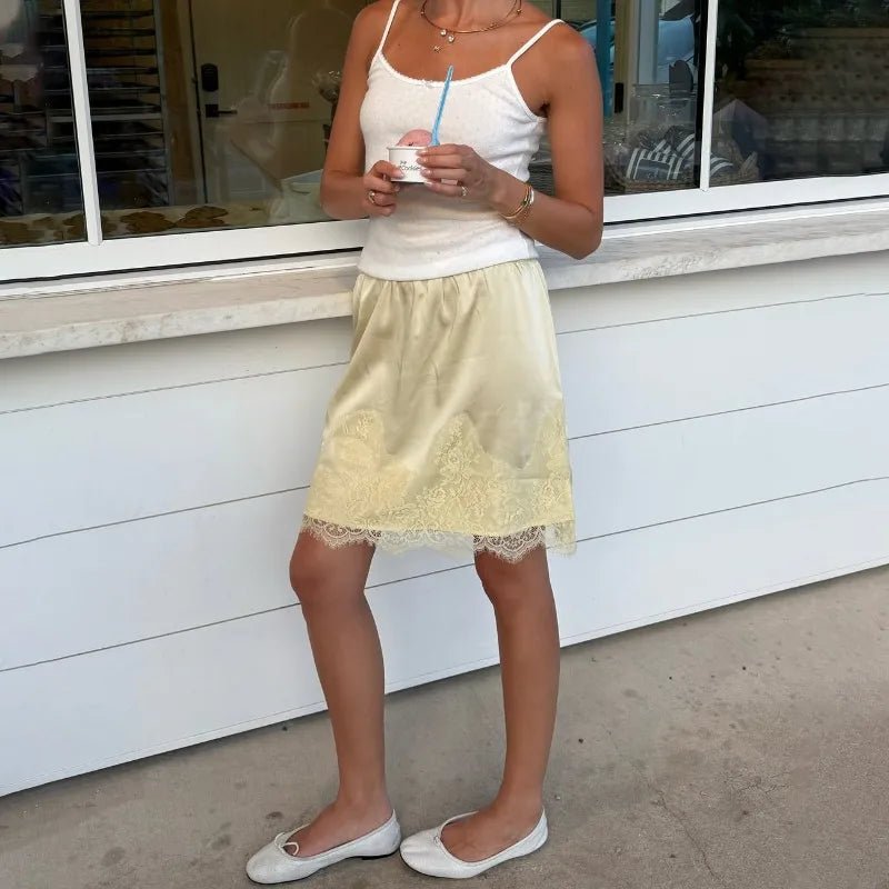 SOERA Saskia Lace Patchwork Satin Mini Skirt - Bottoms - Yellow M