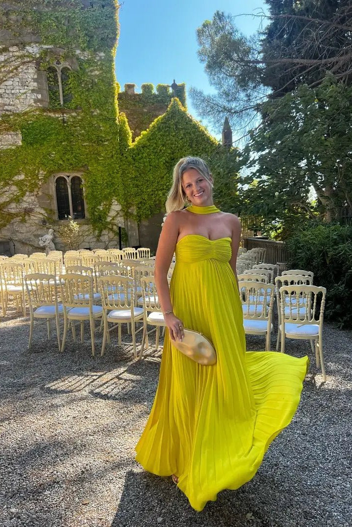 SOERA Aishwari Halter Ruched Maxi Dress with Scarf - Dress - SOERA-795907-LIM-M-43203 Lime Yellow M