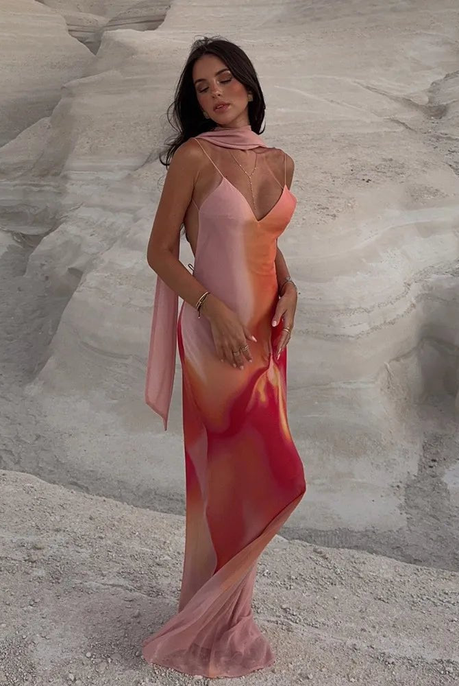 SOERA Aishya Open-Back Ombre Satin Maxi Dress - Dress - SOERA-614339-ORA-M-87747 Orange M