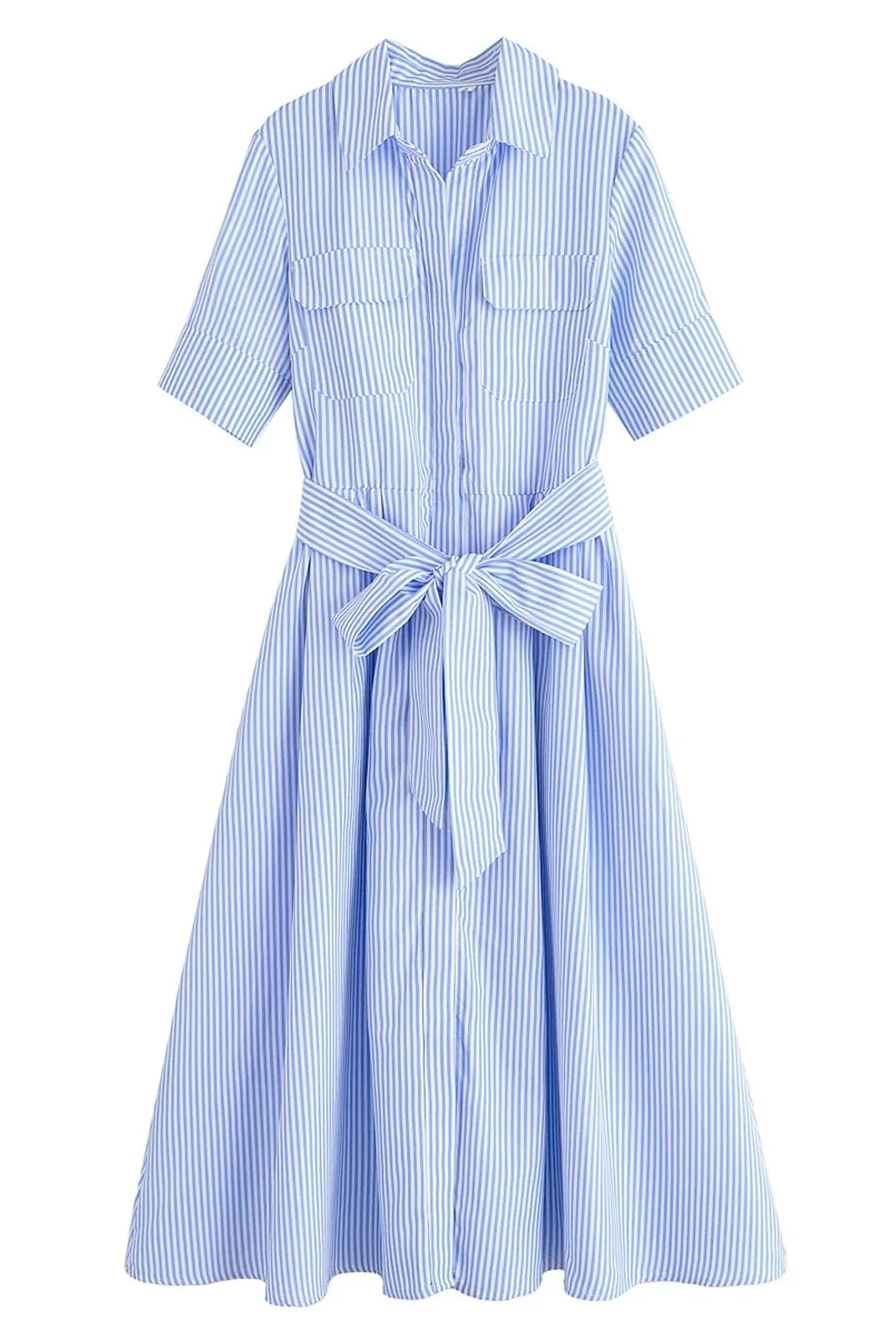 SOERA Beatrice Belted Shirt Midi Dress - Dress - Blue Stripes XS