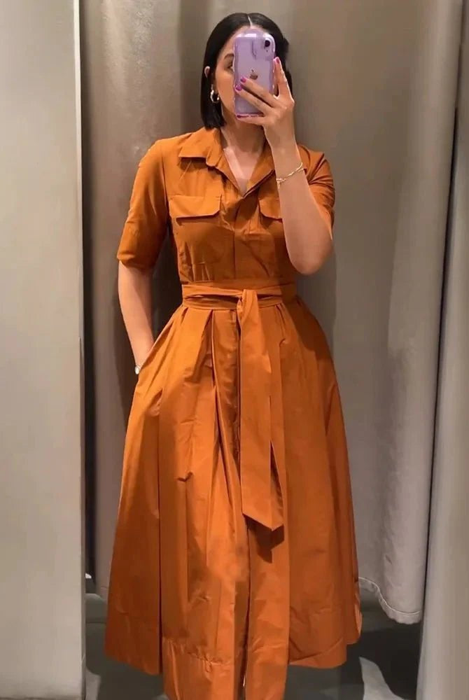 SOERA Beatrice Belted Shirt Midi Dress - Dress - Brown M
