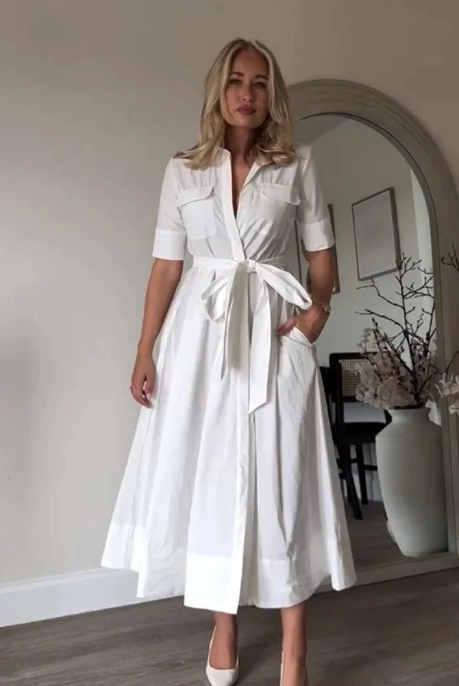 SOERA Beatrice Belted Shirt Midi Dress - Dress - White S