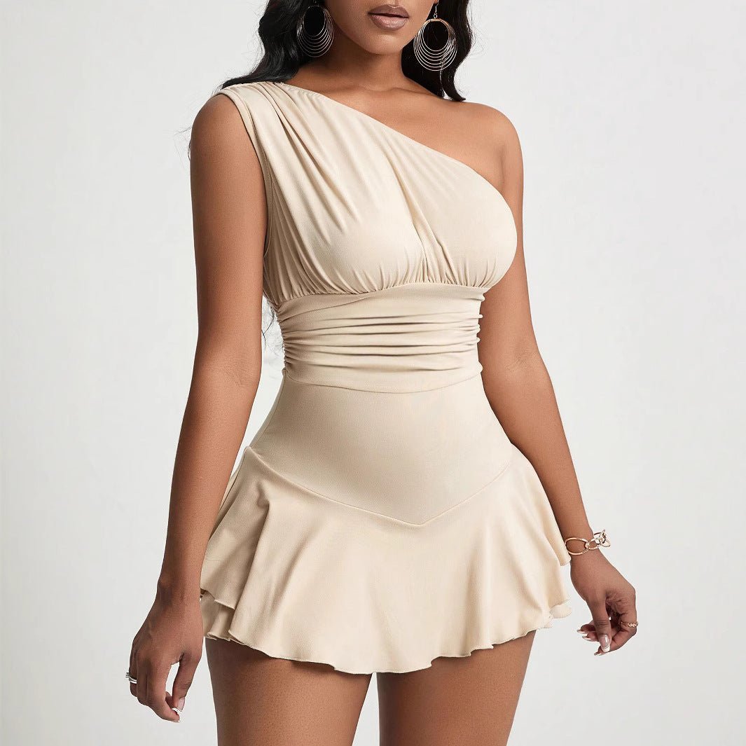 SOERA Bella Asymmetrical Ruffle Mini Dress - Dress - Beige M