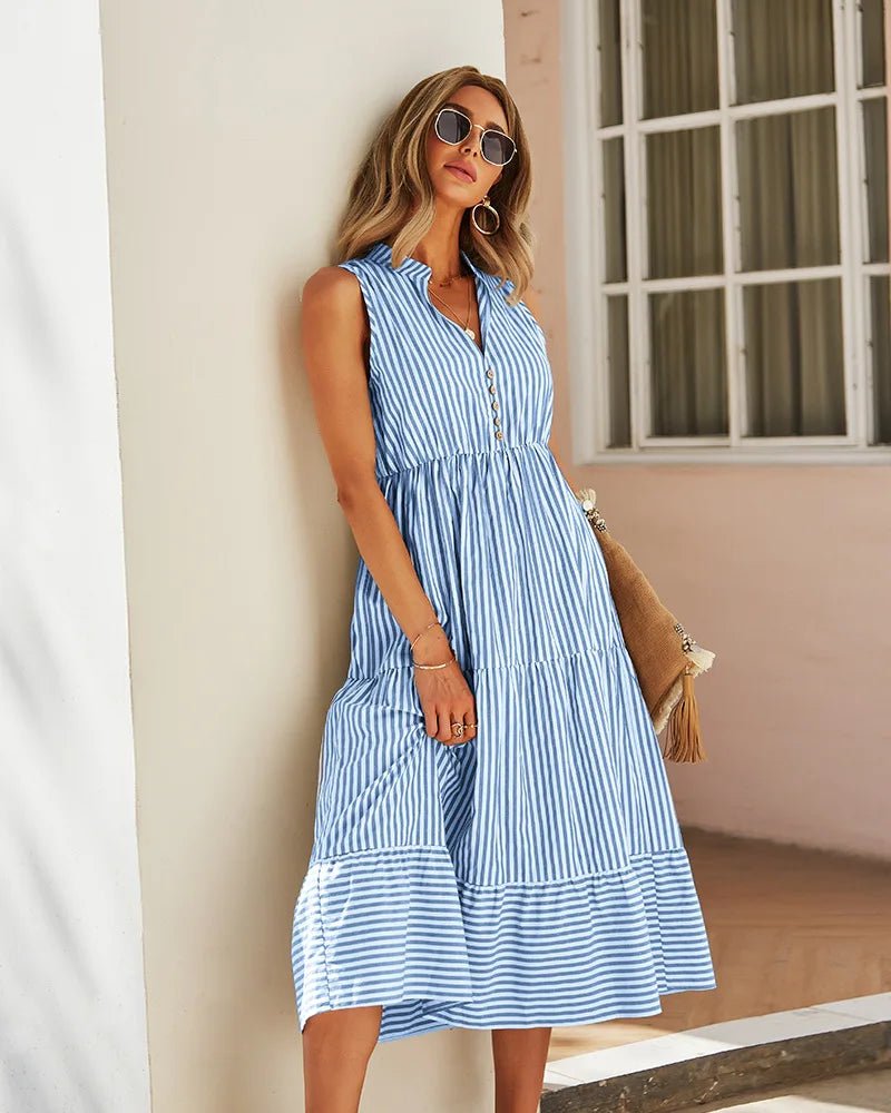 SOERA Bianca Striped V - Neck Sleeveless Shirt Dress - Dress - Blue L
