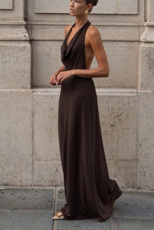 SOERA Celeste Brown Halter Backless Maxi Dress - Dress - M