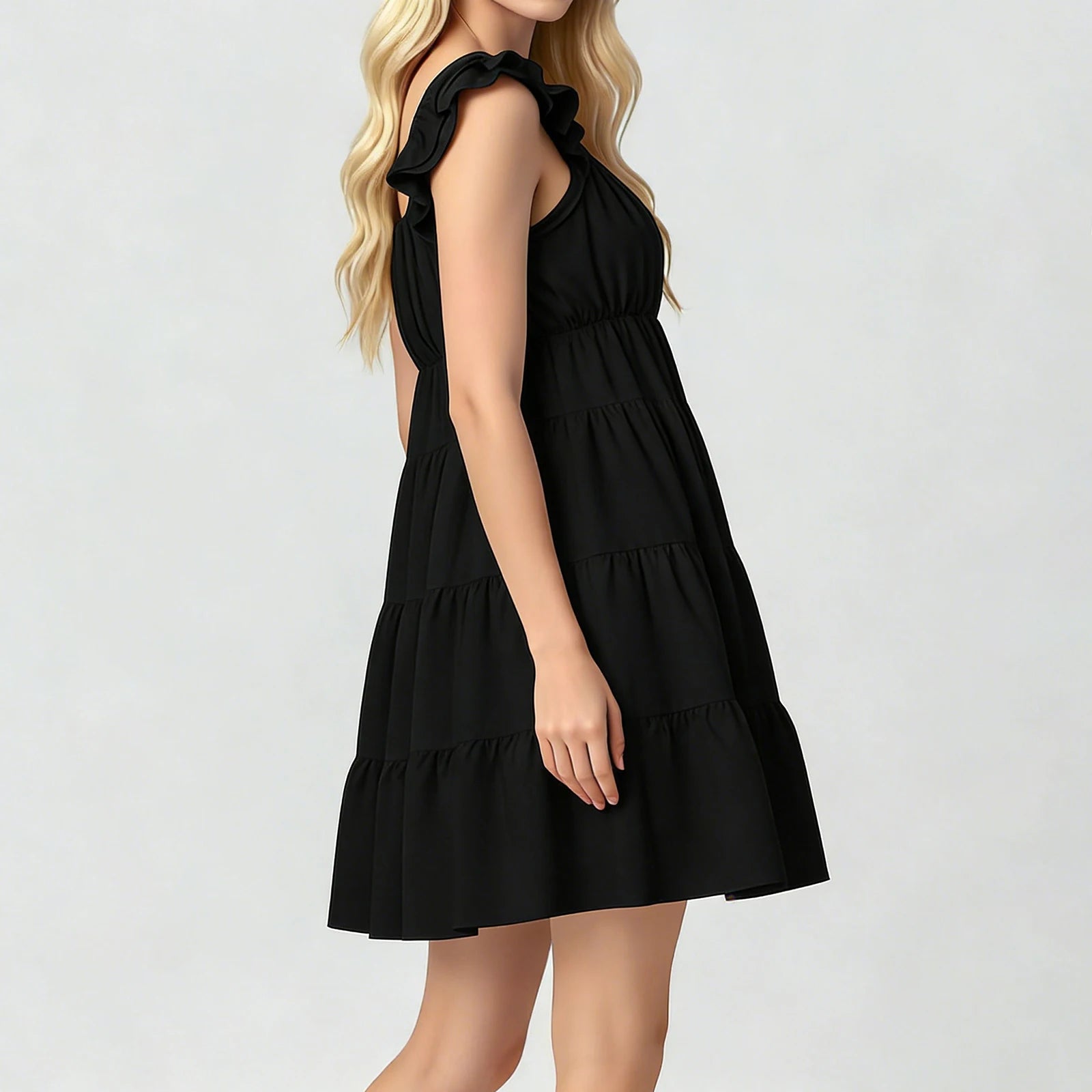 SOERA Eulalia Flutter Sleeve Tiered Mini Dress - Dress - Black S