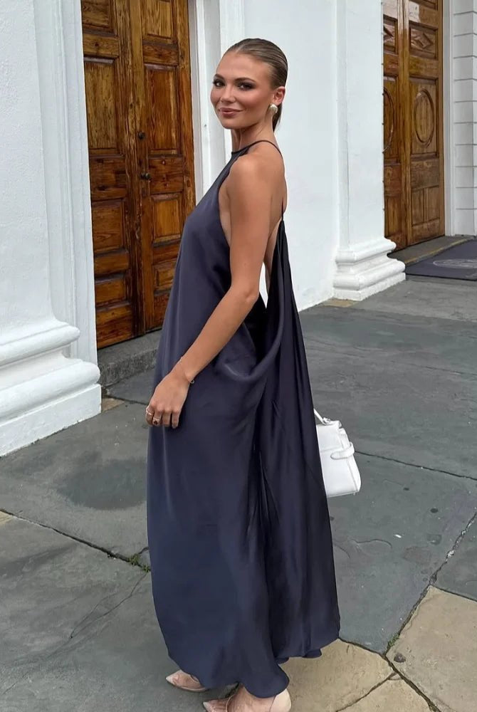 SOERA Indira Satin Halter Maxi Dress - Dress - SOERA-433027-NAV-XS-82851 Charcoal Gray XS