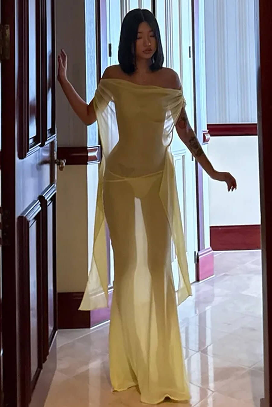 SOERA Iris Backless Mesh Maxi Dress - Dress - SOERA-615875-YEL-M-27971 Yellow M
