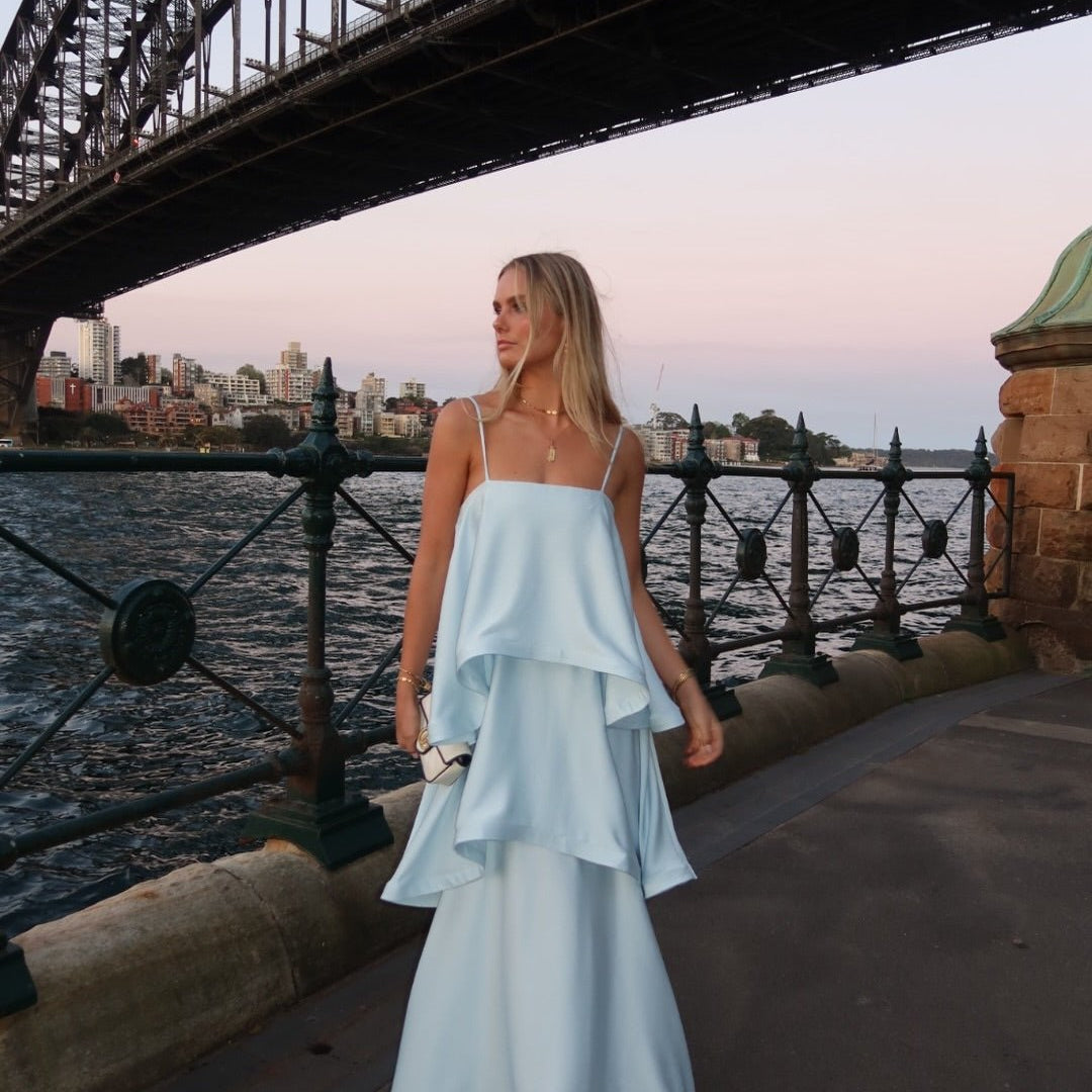 SOERA Margot Tiered Ruffle Satin Maxi Dress - Dress - SOERA-288579-BLU-S-24003 Blue S