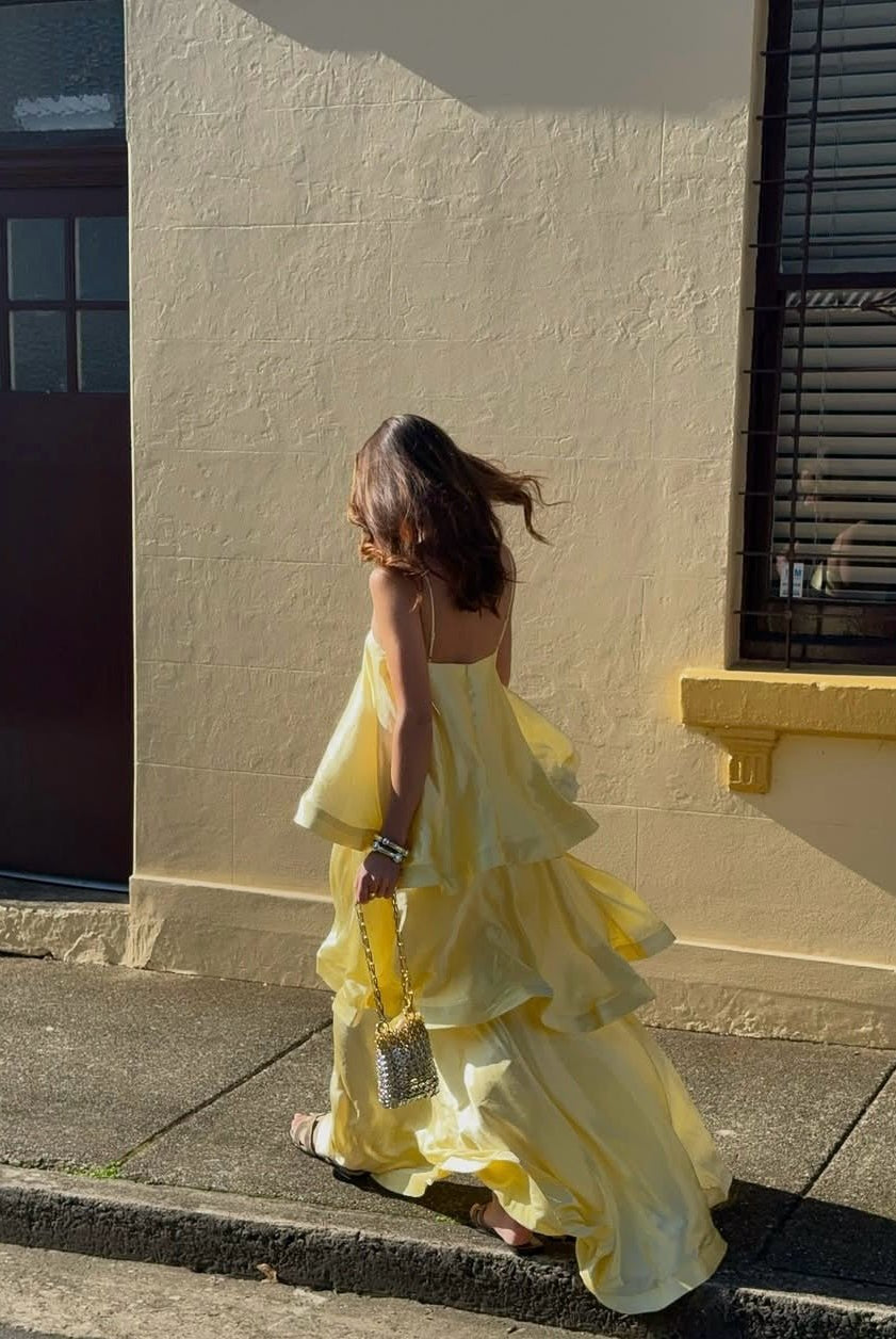 SOERA Margot Tiered Ruffle Satin Maxi Dress - Dress - SOERA-288579-YEL-S-87843 Yellow S