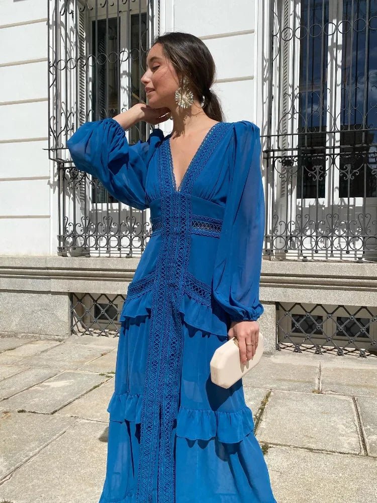 SOERA Molly Deep V - Neck Ruffle Maxi Dress - Dress - Navy Blue S