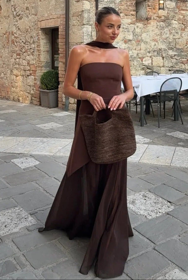 SOERA Ophelia Asymmetric Sheer Maxi Dress - Dress - SOERA-028419-S-BROWN-19523 Brown S