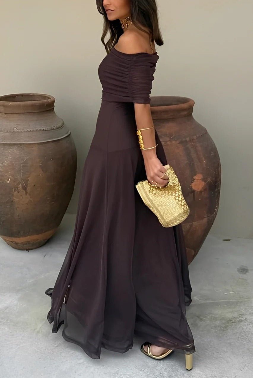 SOERA Sienna Off-Shoulder Ruched Maxi Dress - Dress - SOERA-616515-S-BROWN-71651 Brown S