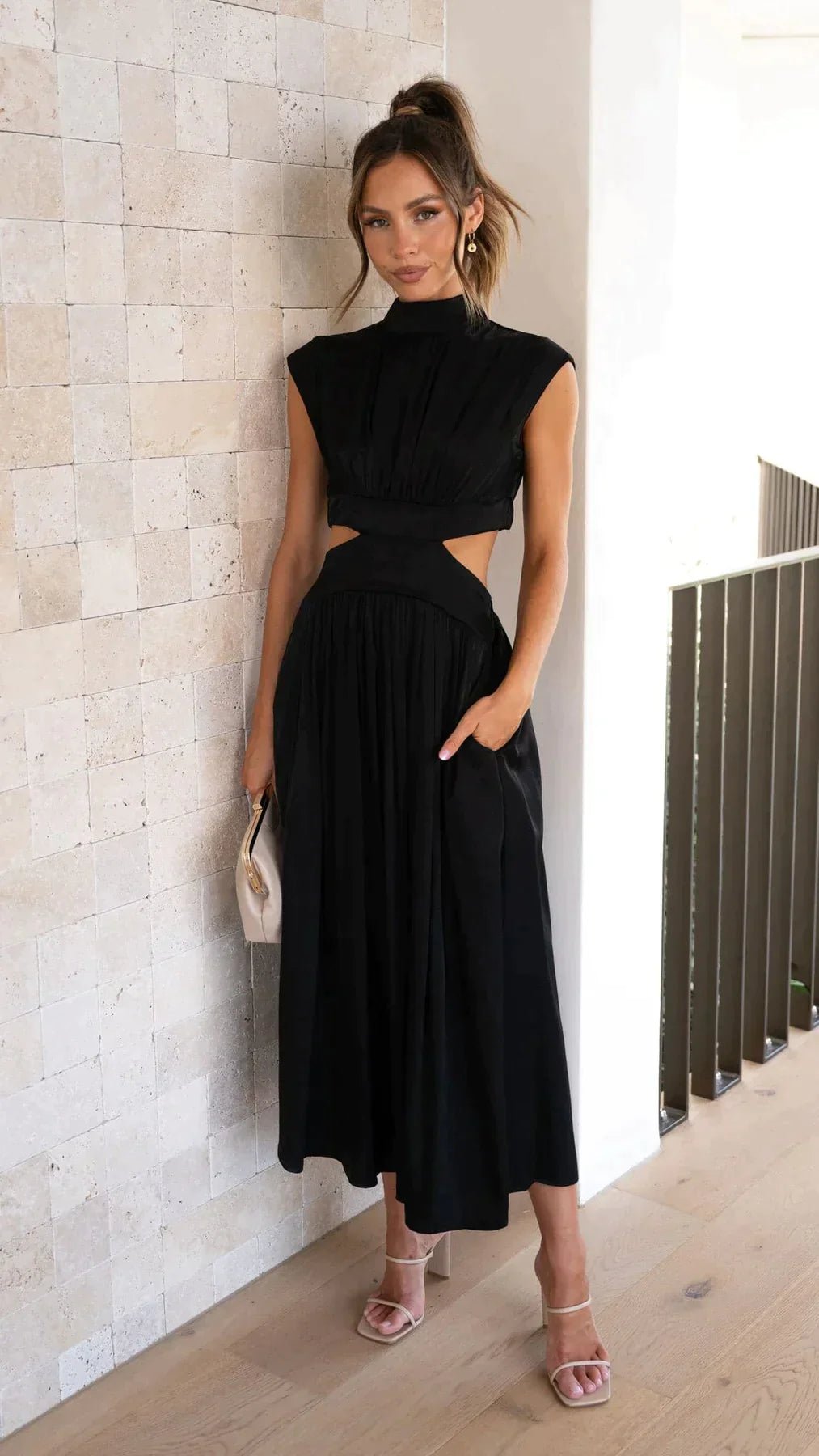 SOERA Valentina High - Neck Midi Dress with Waist Cutouts - Dress - Black XS