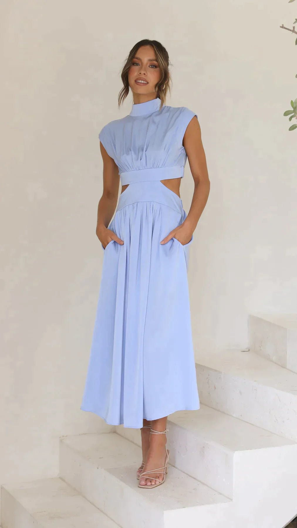 SOERA Valentina High - Neck Midi Dress with Waist Cutouts - Dress - Blue XS