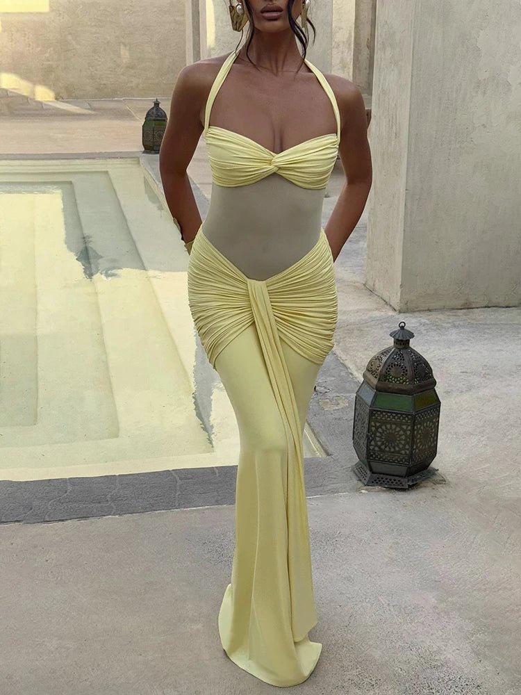 SOERA Veracity Halter Backless Ruched Maxi Dress - Dress - Yellow XS