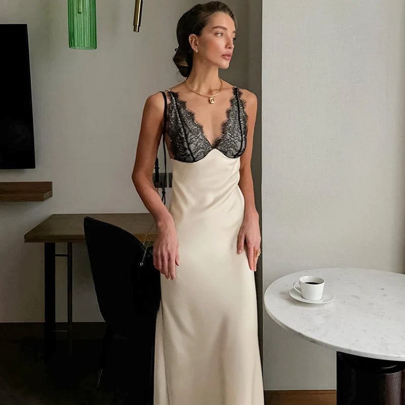 SOERA Celeste V-Neck Lace Patchwork Evening Dress - Dresses - Beige S