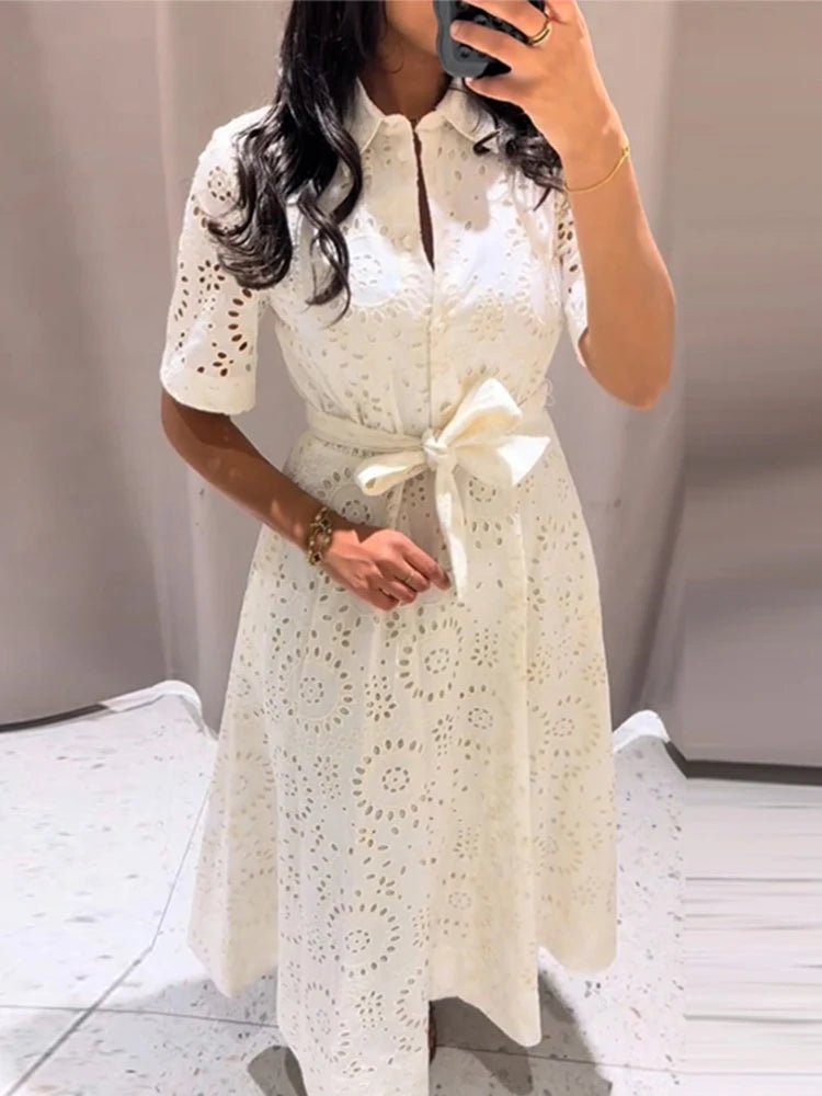 SOERA Merida Embroidered Belted Midi Dress - Dresses - White XS
