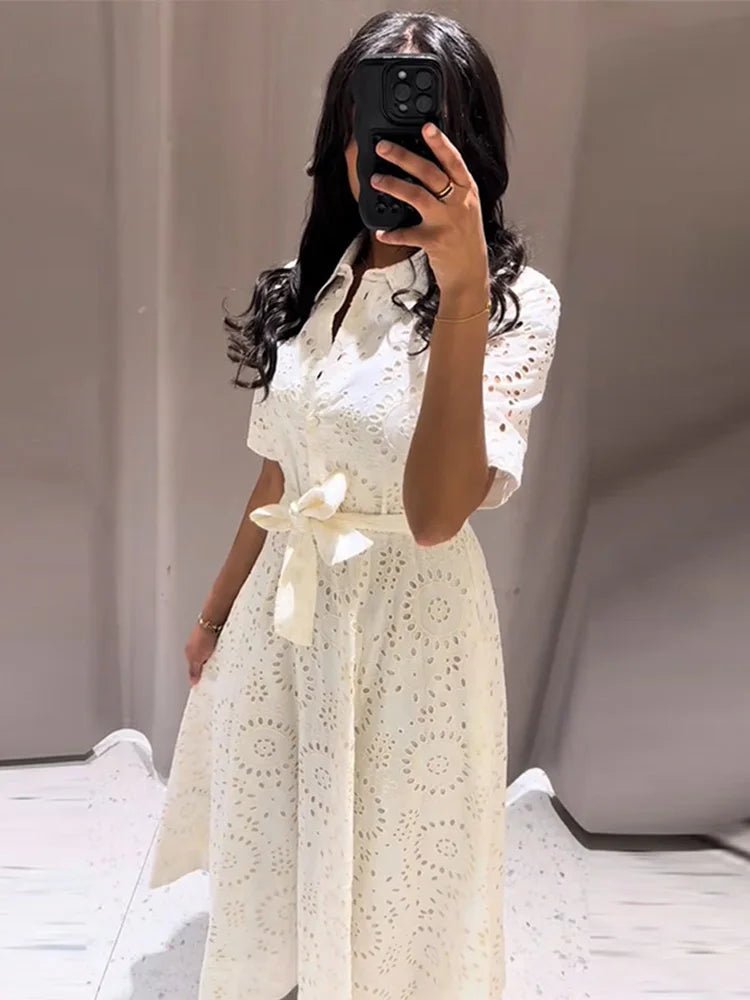 SOERA Merida Embroidered Belted Midi Dress - Dresses - White XS