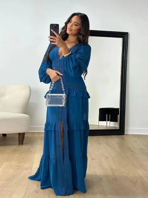 SOERA Molly Deep V-Neck Ruffle Maxi Dress - Dresses - Light Blue S