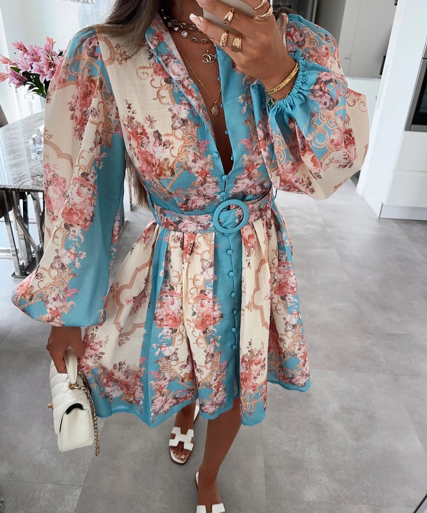 SOERA Petunia Belted Floral Midi Dress - Dresses - Blue S