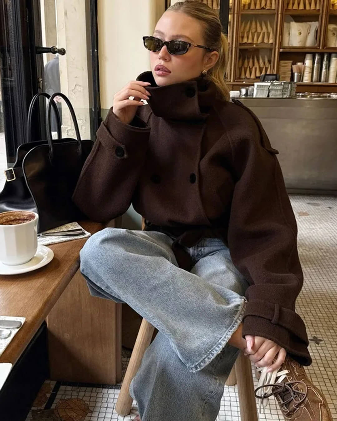 SOERA Debbie Stand Collar Short Trench Coat - Jackets - 1005010585967410-;sl1773321574175592801 Dark Brown L