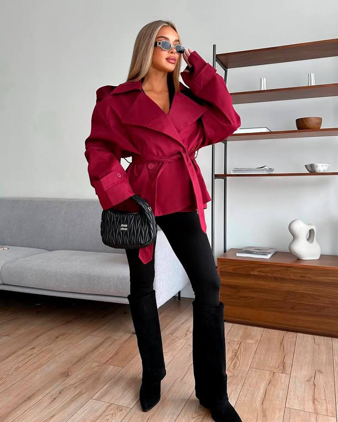 SOERA Dorothy Lace Up Short Trench Coat - Jackets - 1005011800038387-;NB1774869391306006184 Wine Red S