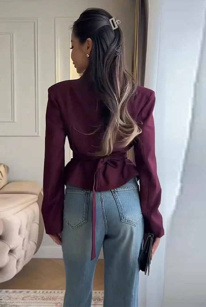 SOERA Tricia Structured Shoulder Cinched Blazer - Jackets - 1005011660132024-;lF1772045930021932226 Burgundy S