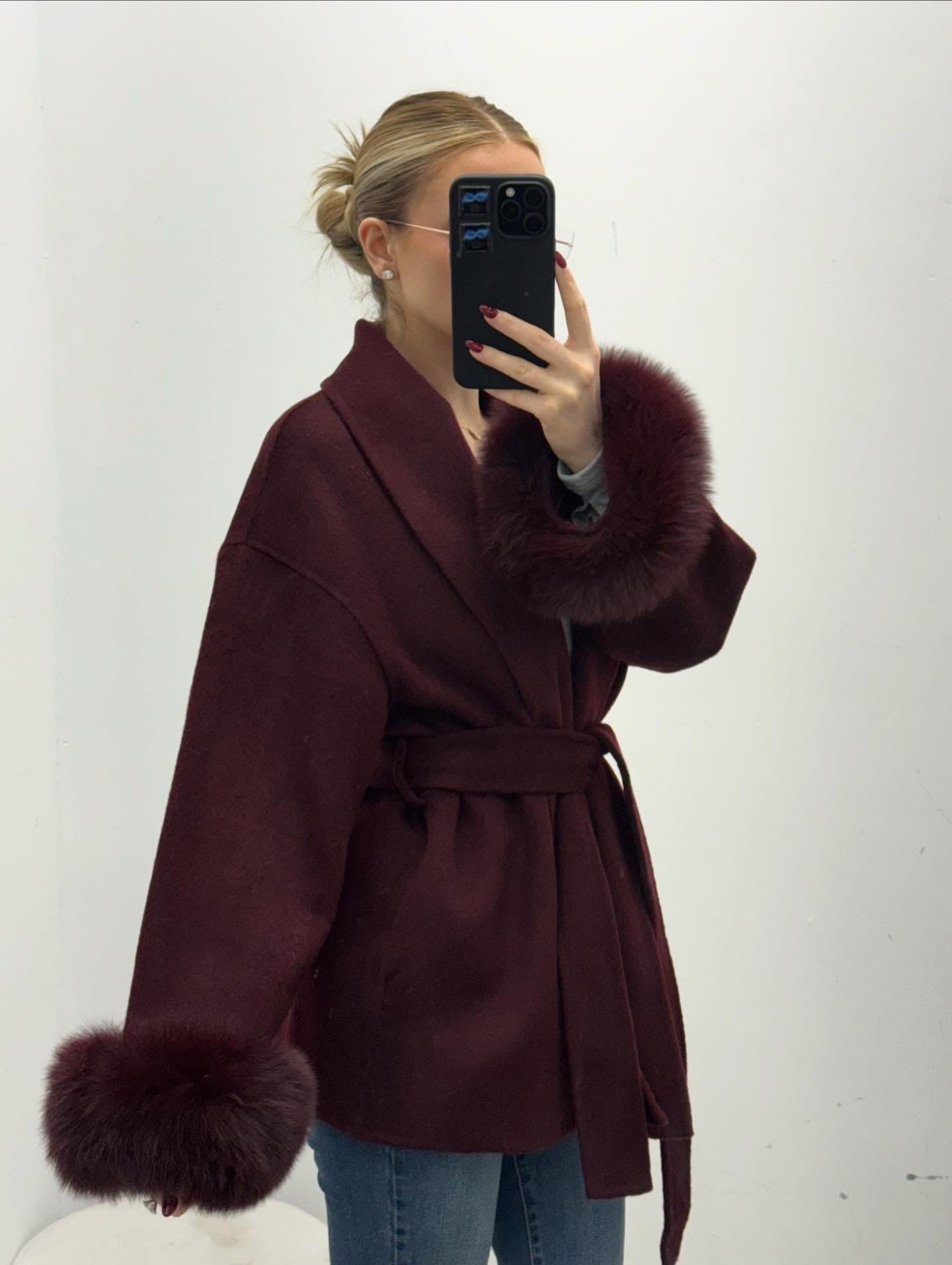 SOERA Wool Wrap Coat with Fox Fur Cuff - Jackets - 3256809512722732-;qf1766845283309419072 Short Burgundy L