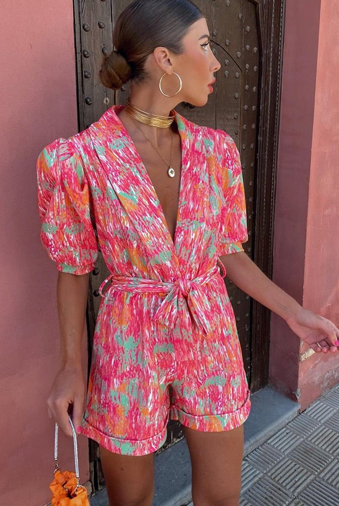 SOERA Bianca Festival Print Belted Playsuit - Jumpsuits & Rompers - Pink M