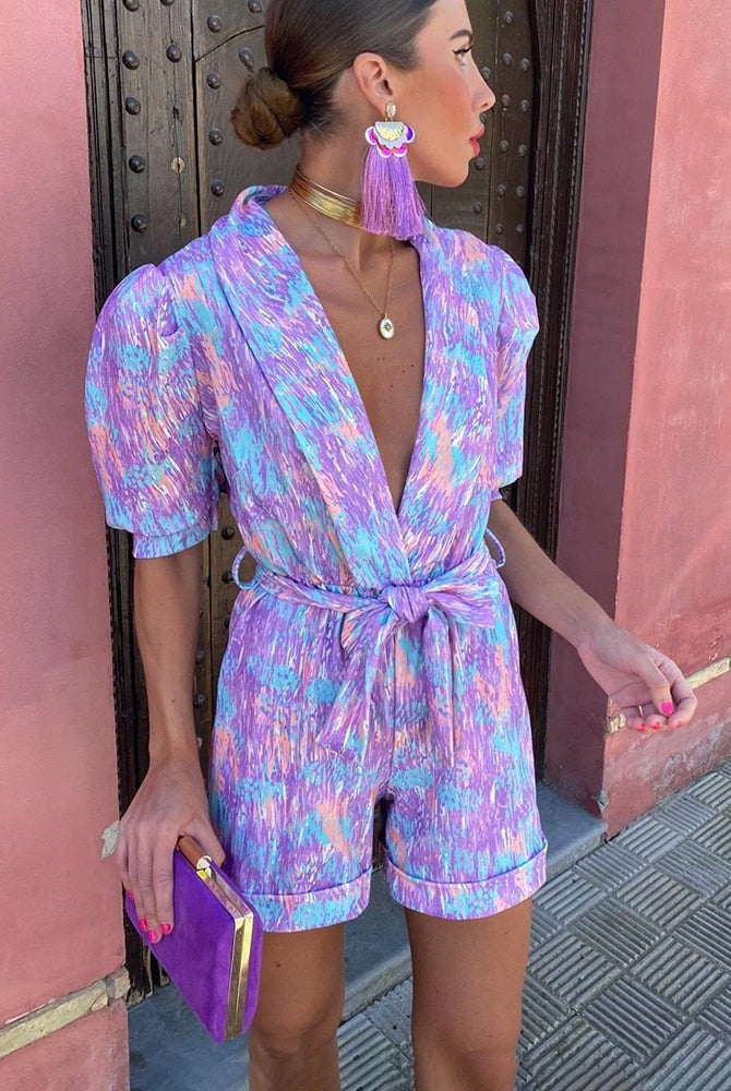 SOERA Bianca Festival Print Belted Playsuit - Jumpsuits & Rompers - Purple L