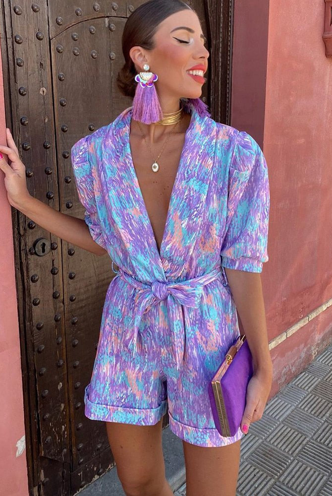 SOERA Bianca Festival Print Belted Playsuit - Jumpsuits & Rompers - Purple M