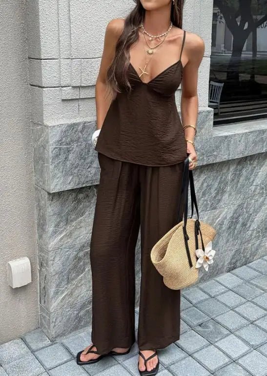 SOERA Odette Deep V-Neck Cami Wide Leg Pants Set - Jumpsuits & Rompers - Brown S