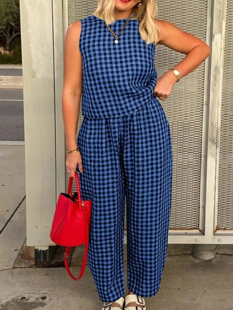 SOERA Zara Plaid Sleeveless Vest Nine Point Pants Set - Jumpsuits & Rompers - Blue S