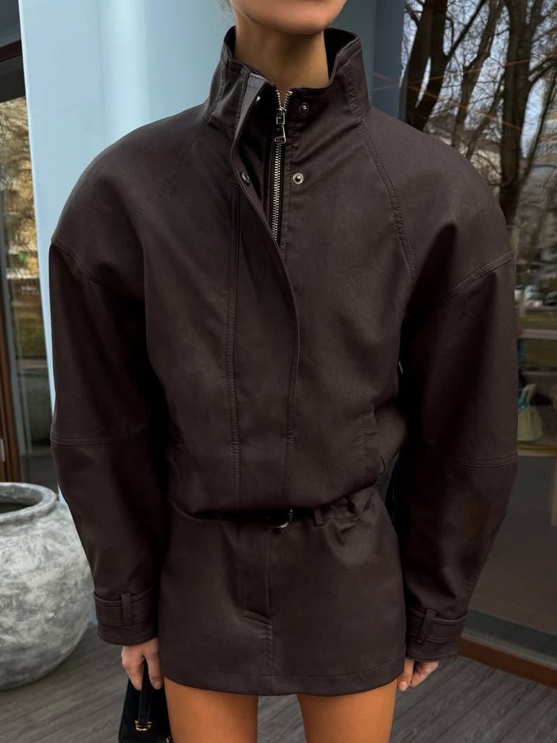 SOERA Lara Suede Cropped Coat & Mini Skirt Set - Matching Set - SOERA-200323-KHA-L-86595 Cropped Coat & Mini Skirt Set Beige