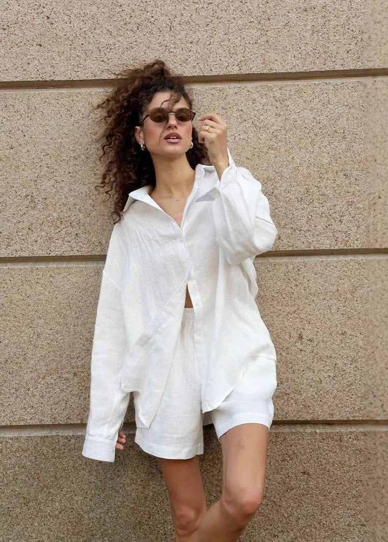 SOERA Camille White Linen Shirt and Shorts Set - Matching Sets - White Set L