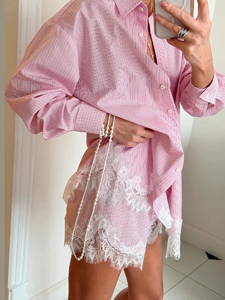 SOERA Celeste Lace Patchwork Beach Shirt Set - Matching Sets - Pink Striped M