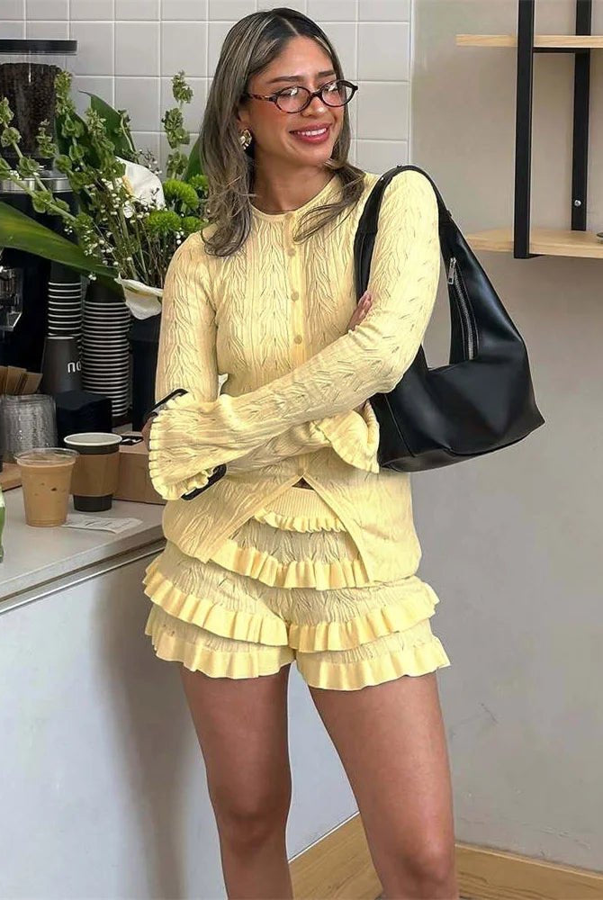 SOERA Iris Ruffled Knit Shorts Set - Matching Sets - Yellow XS