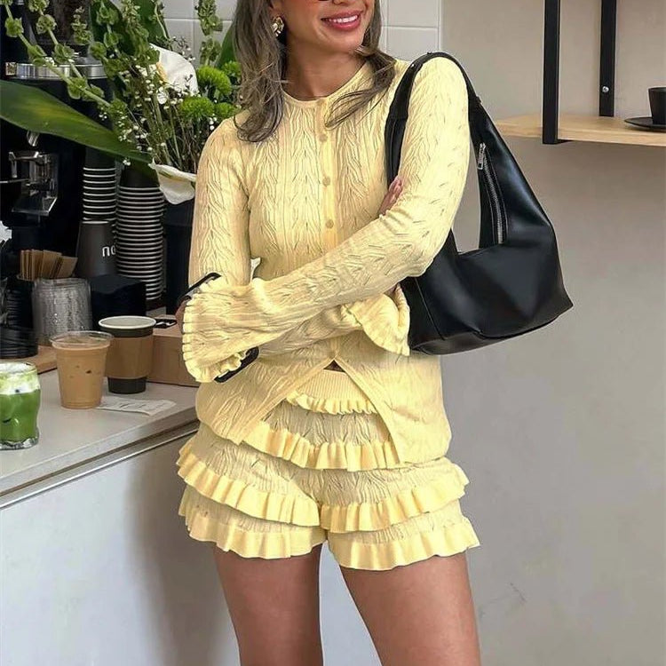SOERA Iris Ruffled Knit Shorts Set - Matching Sets - Yellow XS