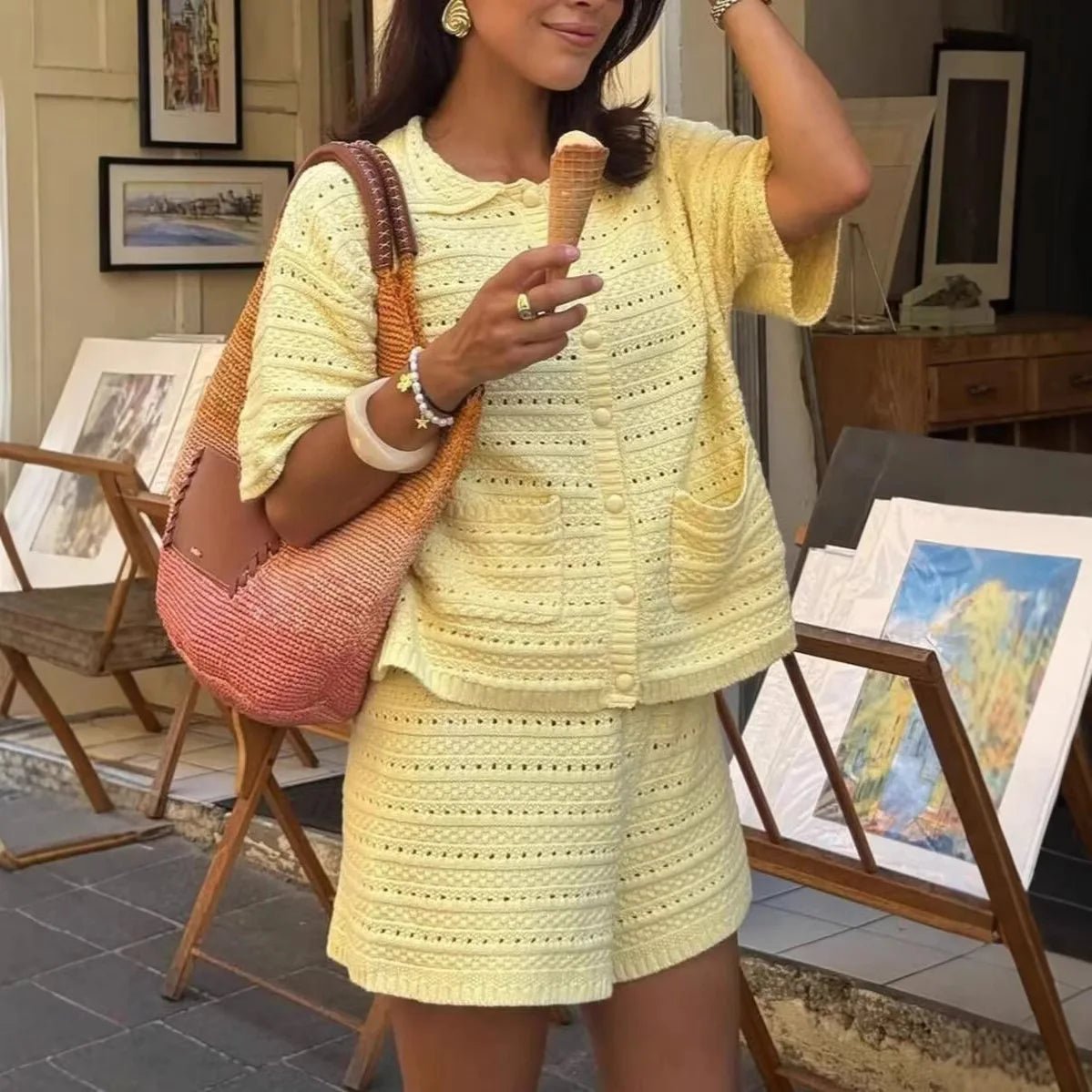 SOERA Sasha Solid Knit Cardigan Shorts Set - Matching Sets - Yellow S